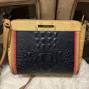 Used Daily- Brahmin Blue and Gold Crossbody Bag with Elegant Design